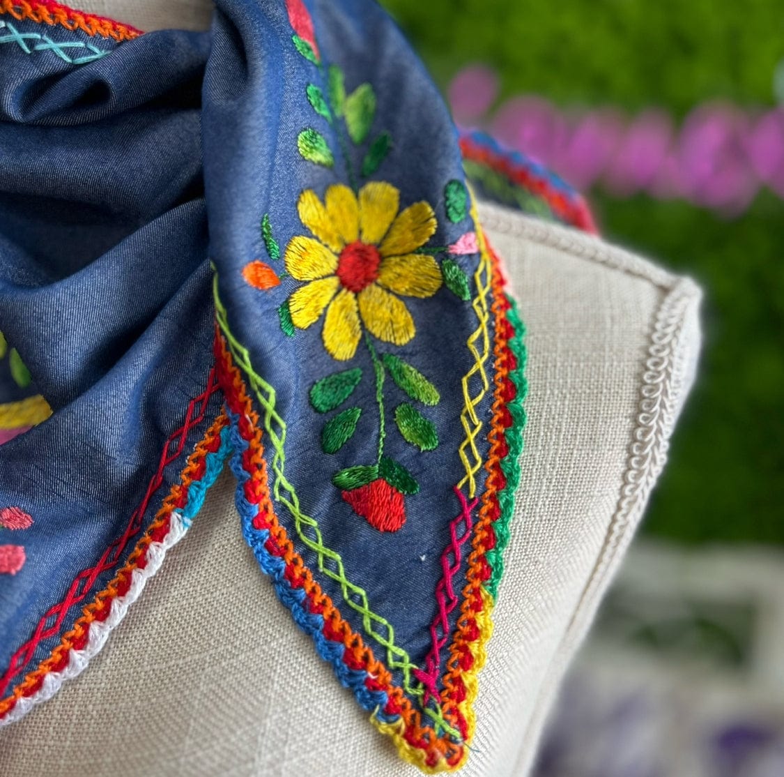 Mexican Silk Embroidered Scarf - Denim Mexican Silk Embroidered Scarf - Denim