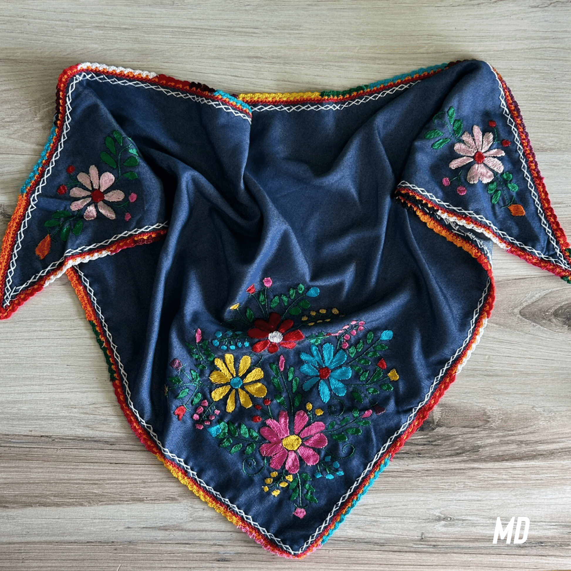 Mexican Silk Embroidered Scarf - Denim Mexican Silk Embroidered Scarf - Denim