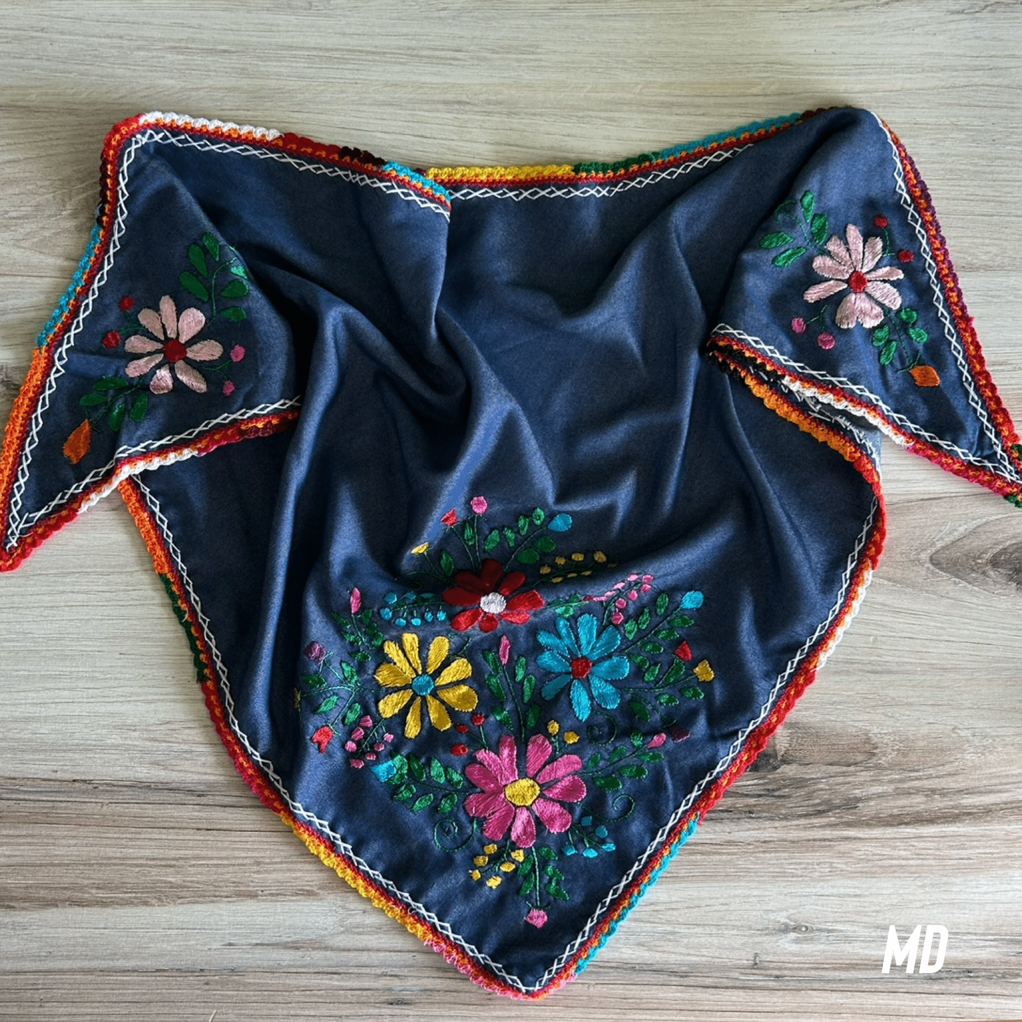 Mexican Silk Embroidered Scarf - Denim Mexican Silk Embroidered Scarf - Denim