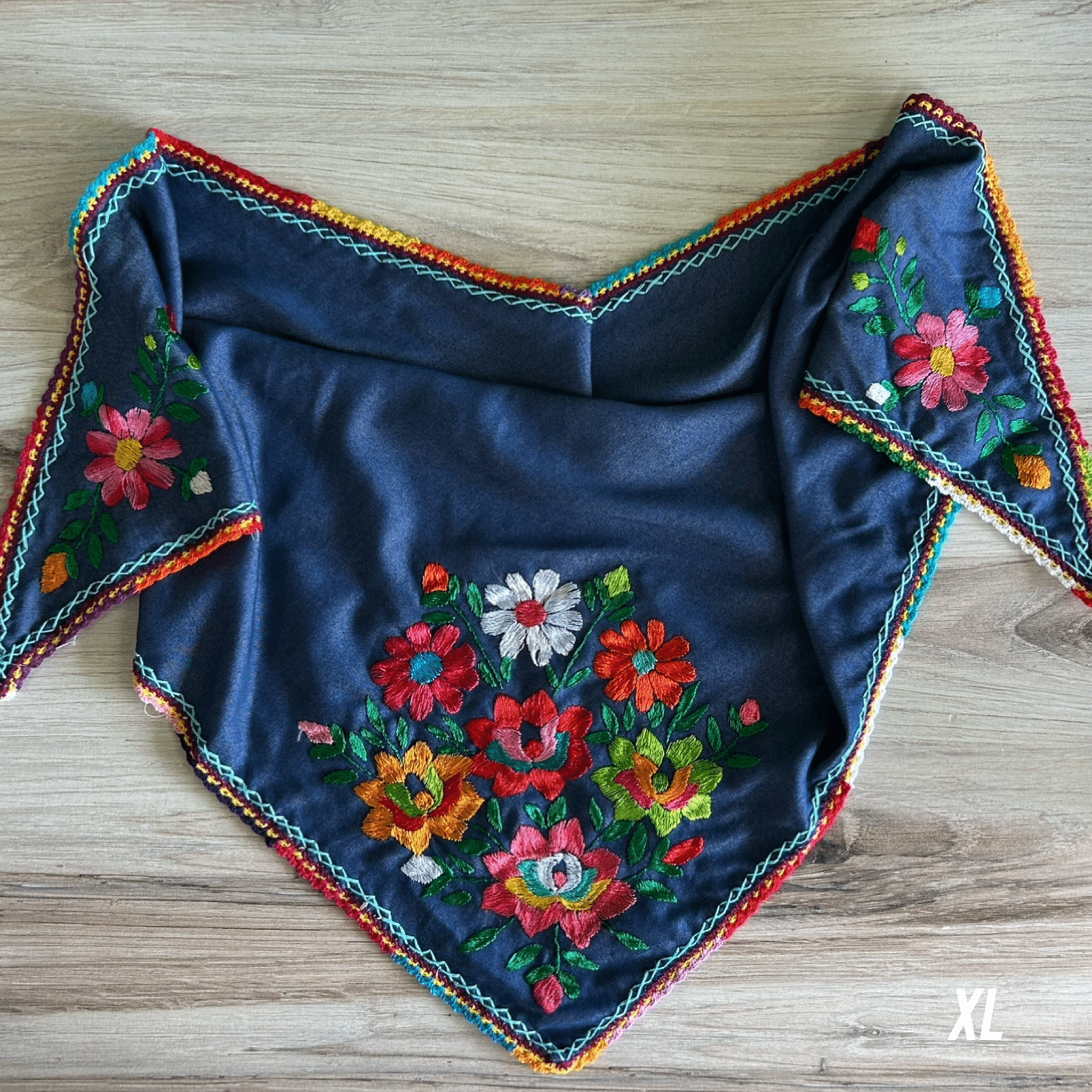 Mexican Silk Embroidered Scarf - Denim Mexican Silk Embroidered Scarf - Denim