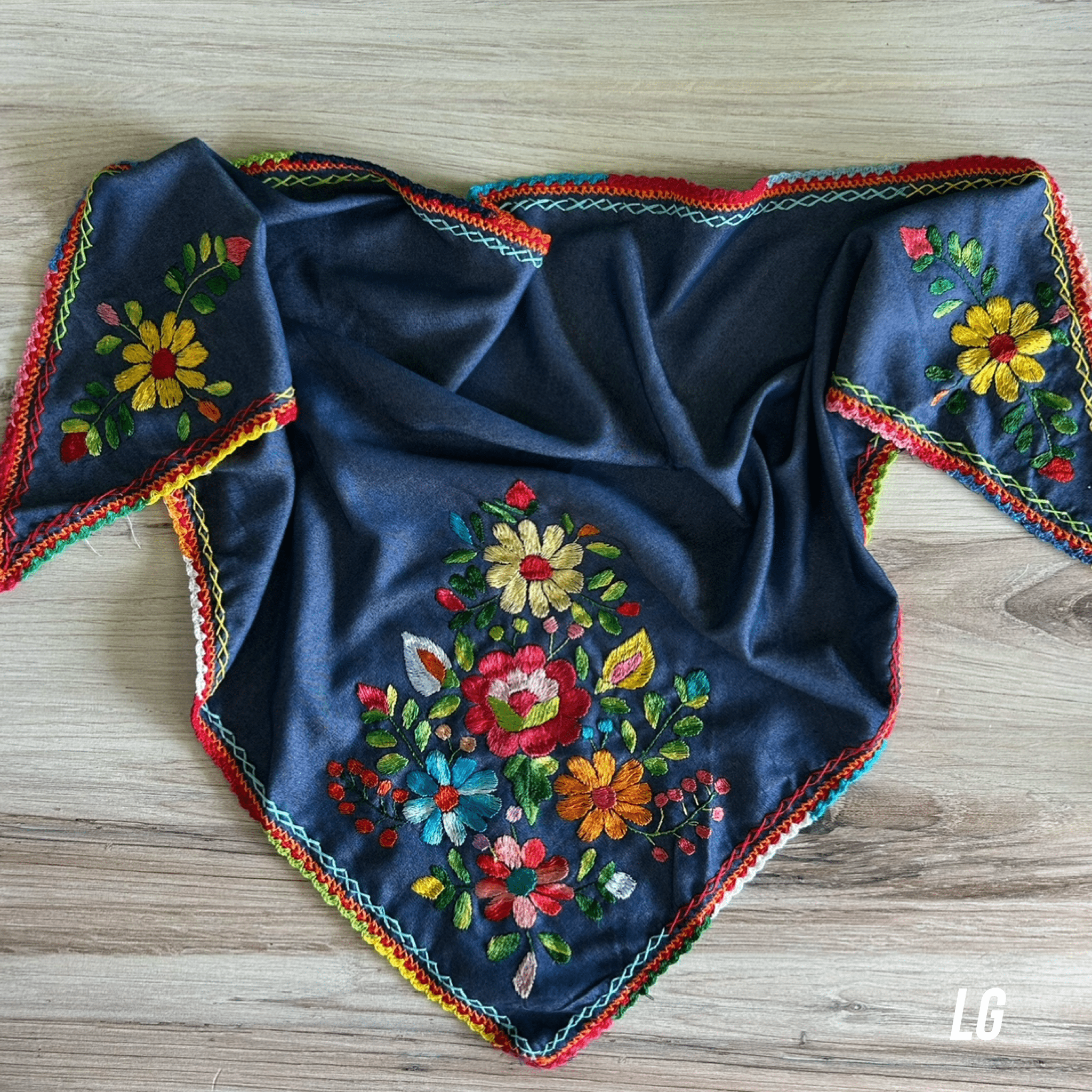 Mexican Silk Embroidered Scarf - Denim Mexican Silk Embroidered Scarf - Denim