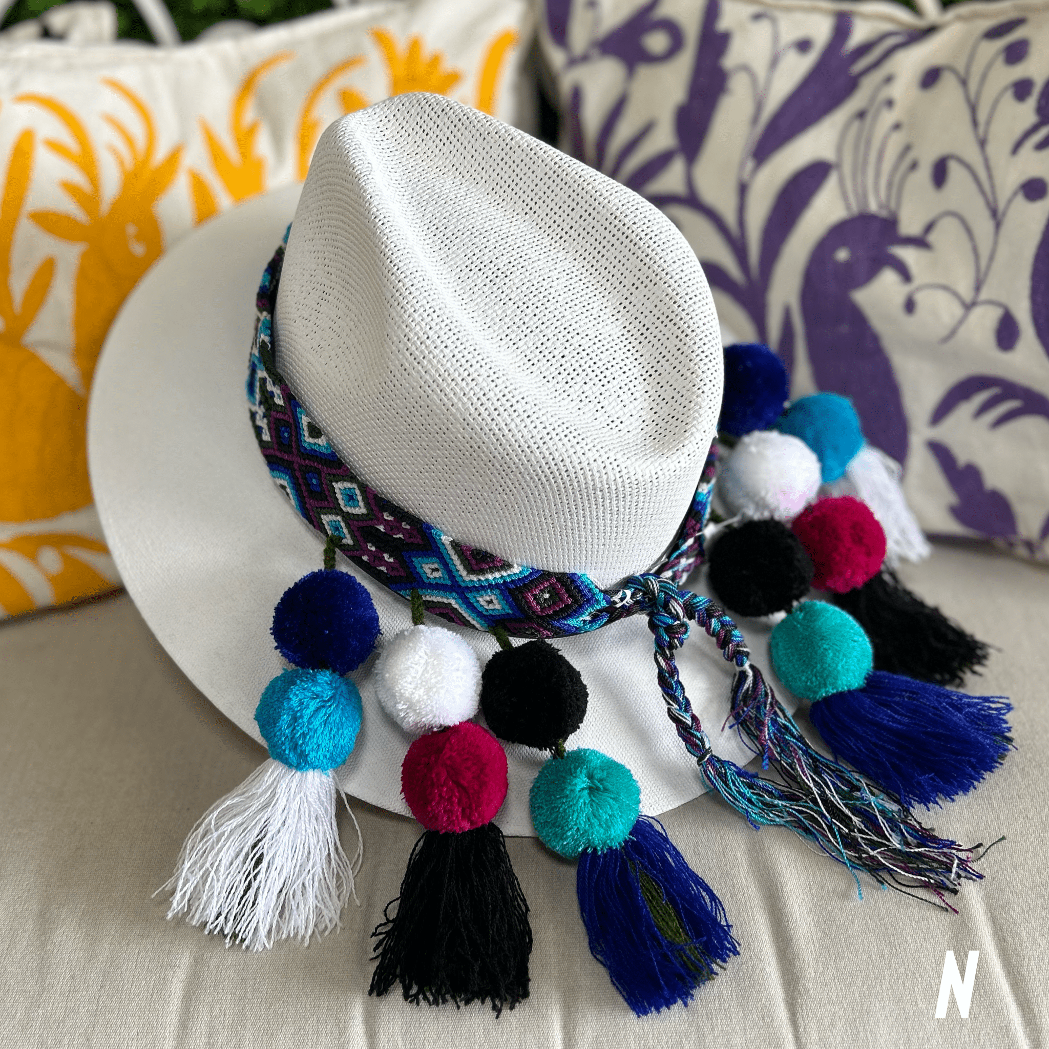 Mexican Woven Hat Band with Pom Poms Mexican Woven Hat Band with Pom Poms