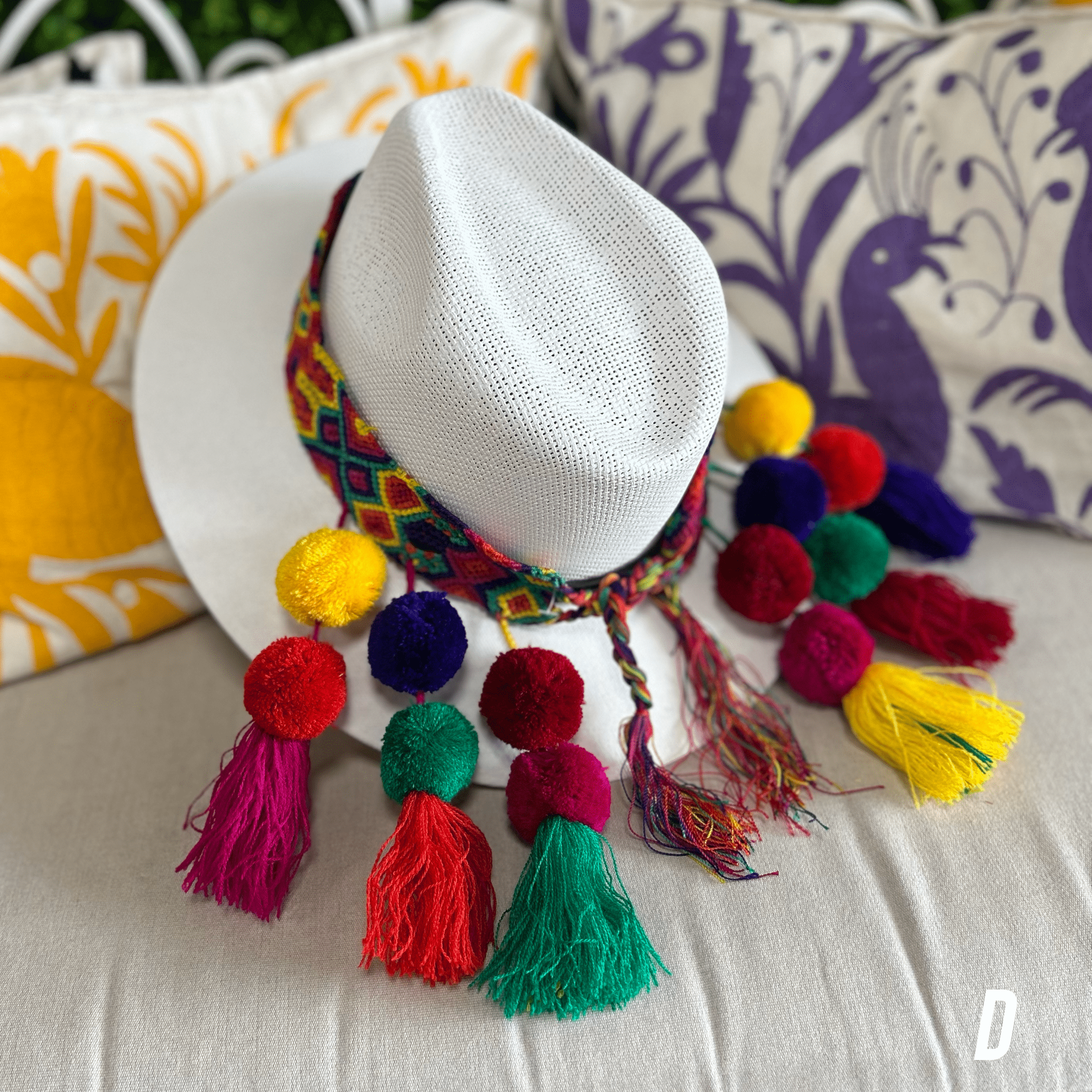 Mexican Woven Hat Band with Pom Poms Mexican Woven Hat Band with Pom Poms