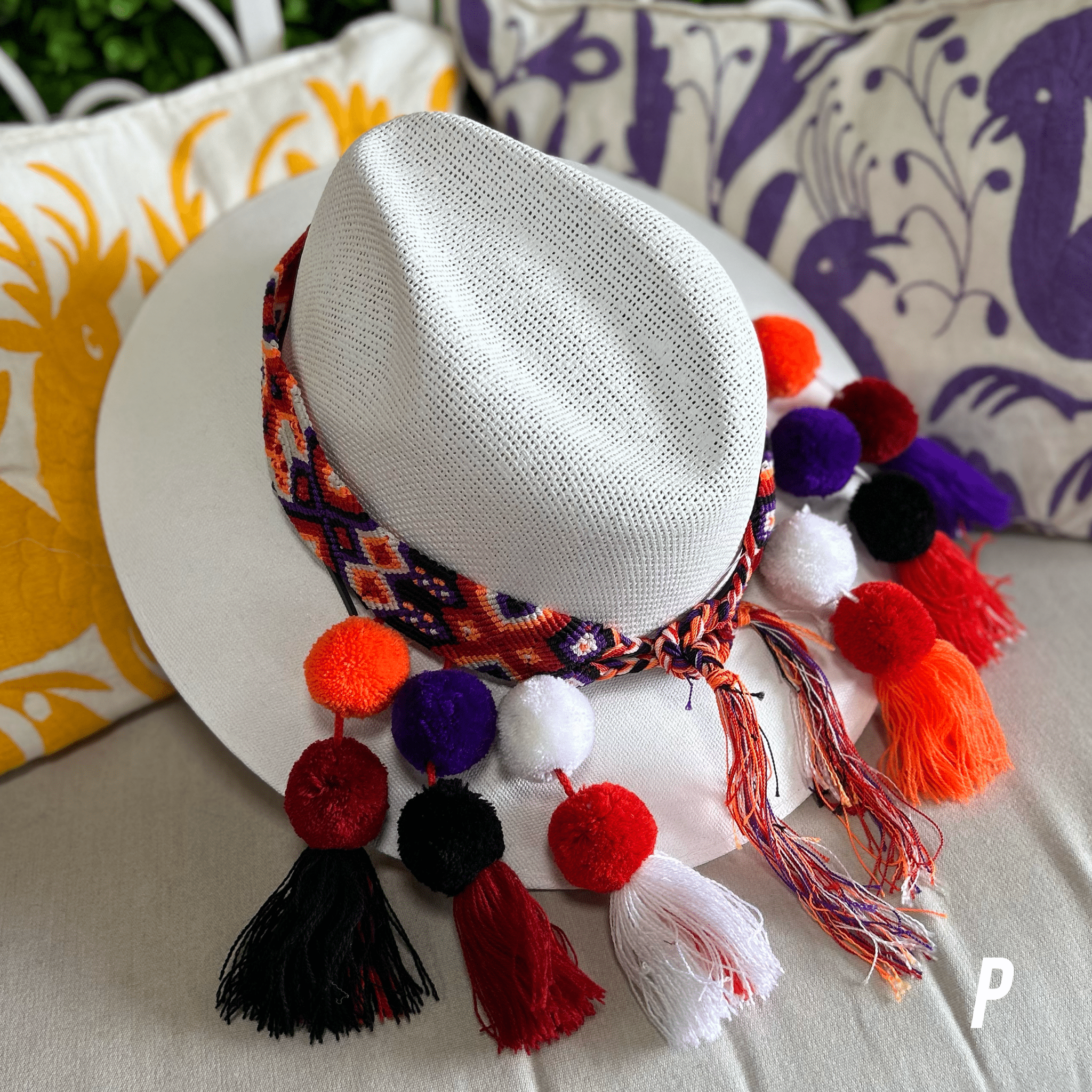 Mexican Woven Hat Band with Pom Poms Mexican Woven Hat Band with Pom Poms