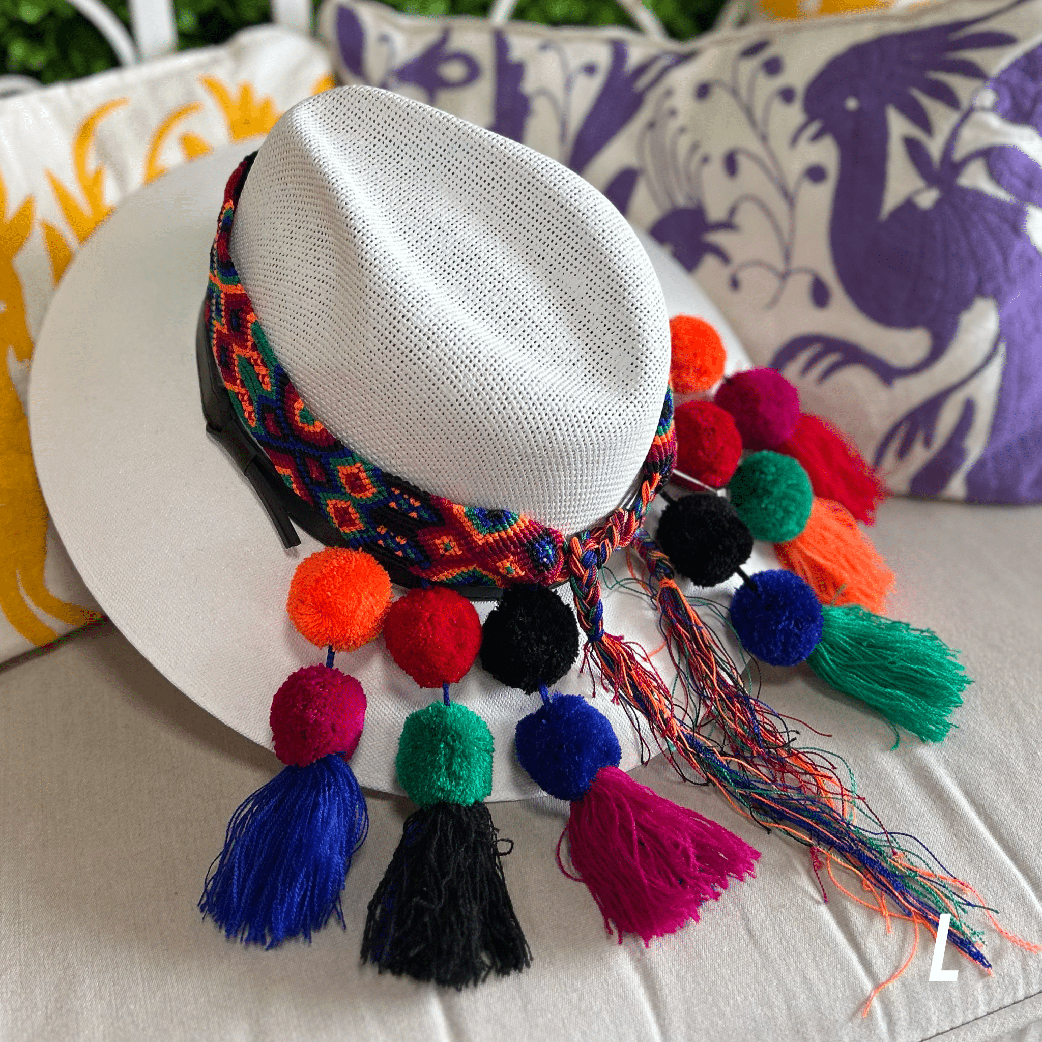 Mexican Woven Hat Band with Pom Poms Mexican Woven Hat Band with Pom Poms