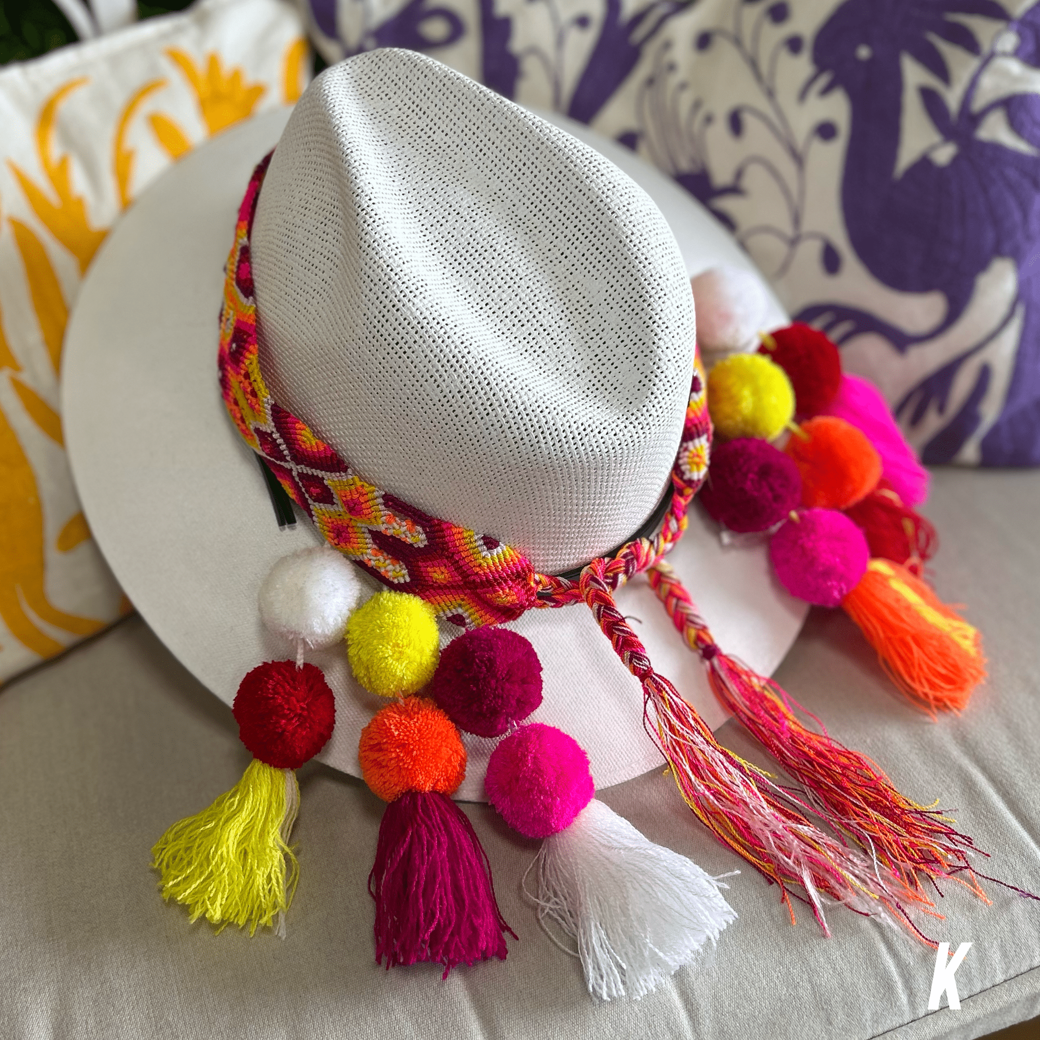 Mexican Woven Hat Band with Pom Poms Mexican Woven Hat Band with Pom Poms