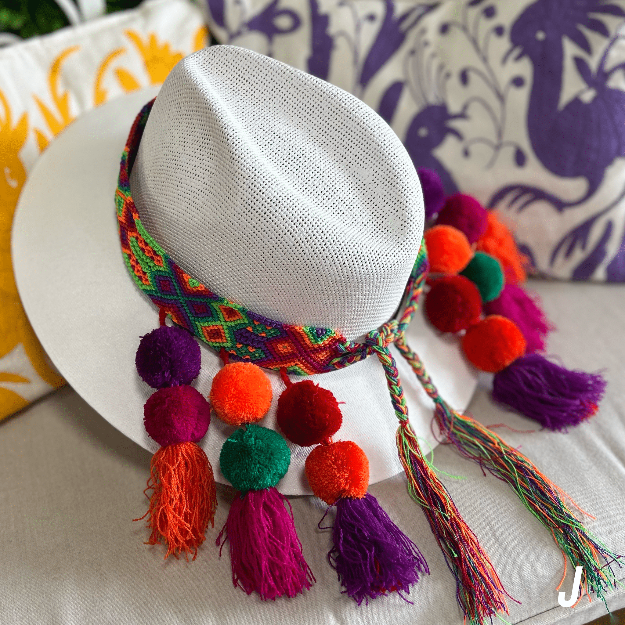 Mexican Woven Hat Band with Pom Poms Mexican Woven Hat Band with Pom Poms