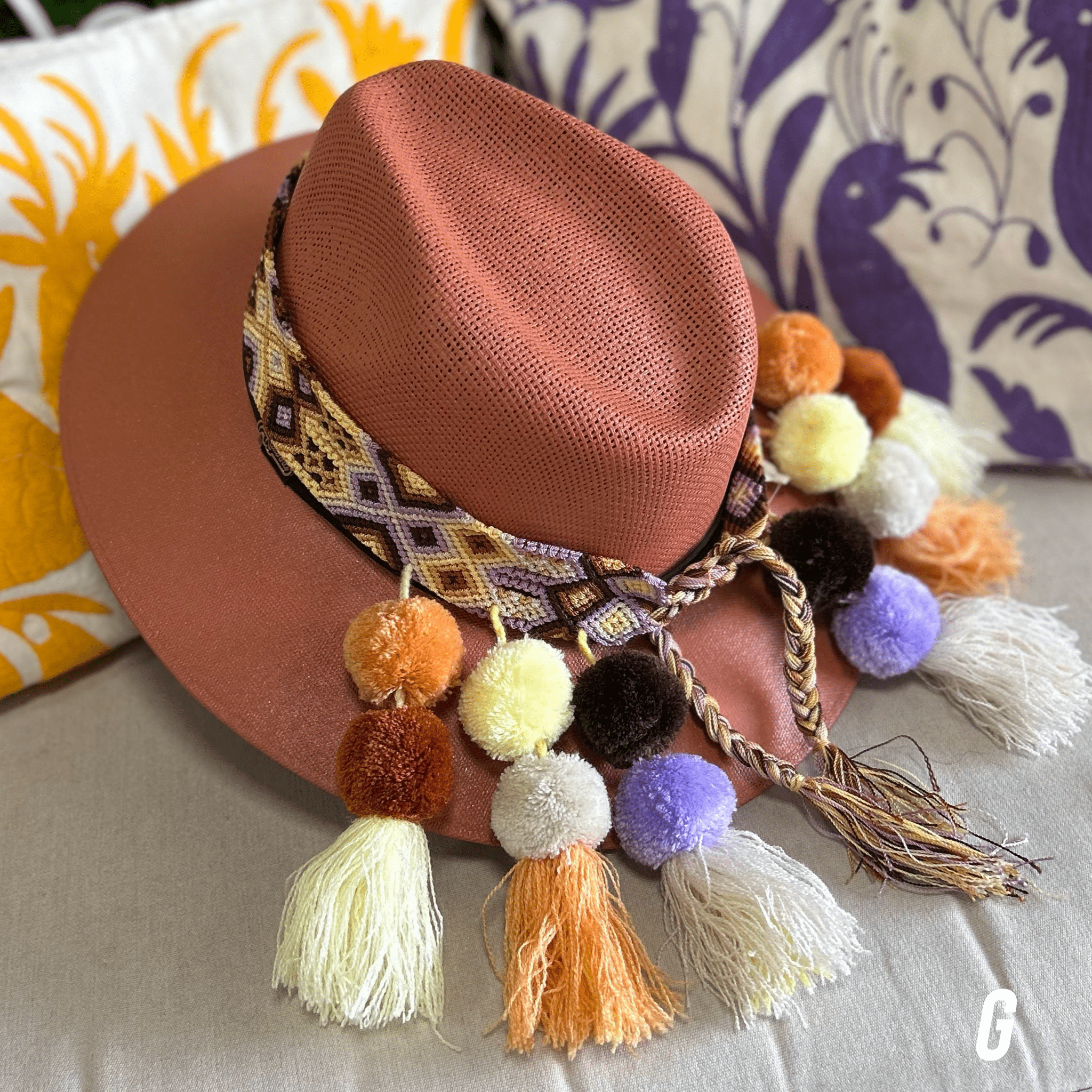 Mexican Woven Hat Band with Pom Poms Mexican Woven Hat Band with Pom Poms