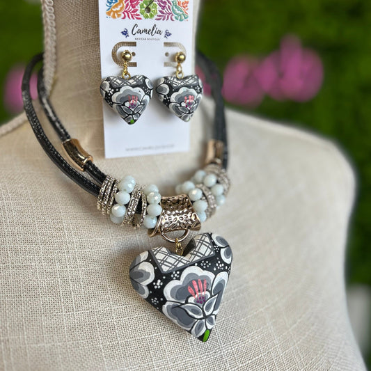Oaxacan Ceramic Heart Necklace Set - Black Huipil Oaxacan Ceramic Heart Necklace Set - Black Huipil