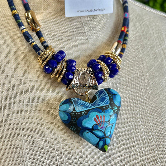 Oaxacan Ceramic Heart Necklace Set - Blue Huipil Oaxacan Ceramic Heart Necklace Set - Blue Huipil
