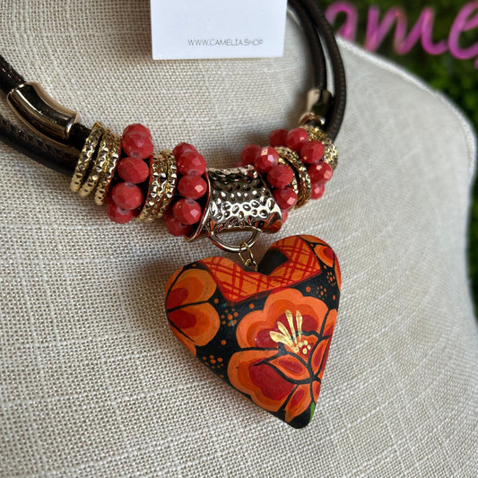 Oaxacan Ceramic Heart Necklace Set - Orange Huipil Oaxacan Ceramic Heart Necklace Set - Orange Huipil