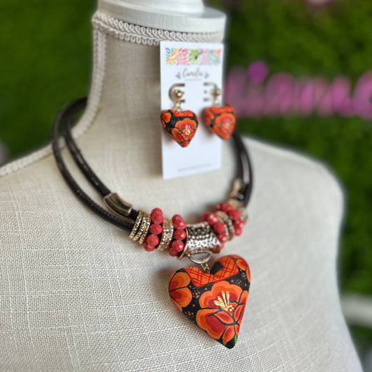 Oaxacan Ceramic Heart Necklace Set - Orange Huipil Oaxacan Ceramic Heart Necklace Set - Orange Huipil