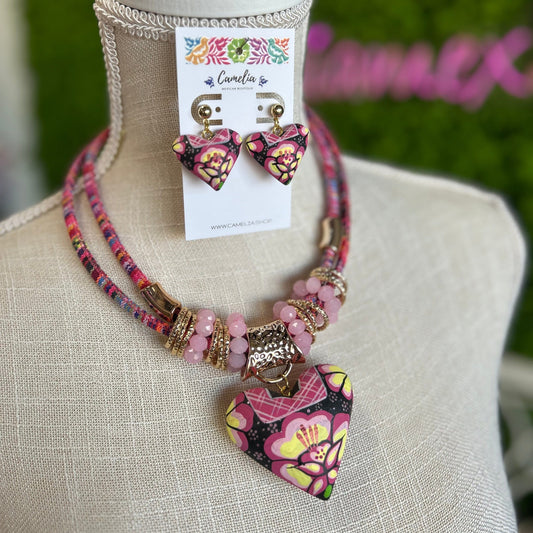 Oaxacan Ceramic Heart Necklace Set - Pink Hipil Oaxacan Ceramic Heart Necklace Set - Pink Hipil