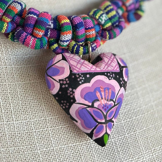 Oaxacan Ceramic Heart Necklace Set - Purple Huipil Oaxacan Ceramic Heart Necklace Set - Purple Huipil