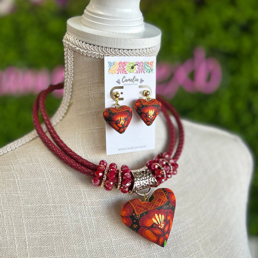 Oaxacan Ceramic Heart Necklace Set - Red Orange Huipil Oaxacan Ceramic Heart Necklace Set - Red Orange Huipil