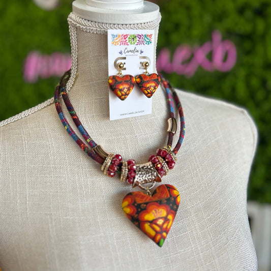Oaxacan Ceramic Heart Necklace Set - Yellow Orange Huipil Oaxacan Ceramic Heart Necklace Set - Yellow Orange Huipil