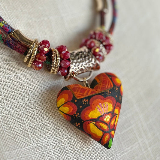 Oaxacan Ceramic Heart Necklace Set - Yellow Orange Huipil Oaxacan Ceramic Heart Necklace Set - Yellow Orange Huipil