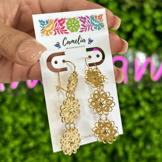 Oaxacan Filigree Earrings - 3 Flowers Drop - Large Oaxacan Filigree Earrings - 3 Flowers Drop - Large