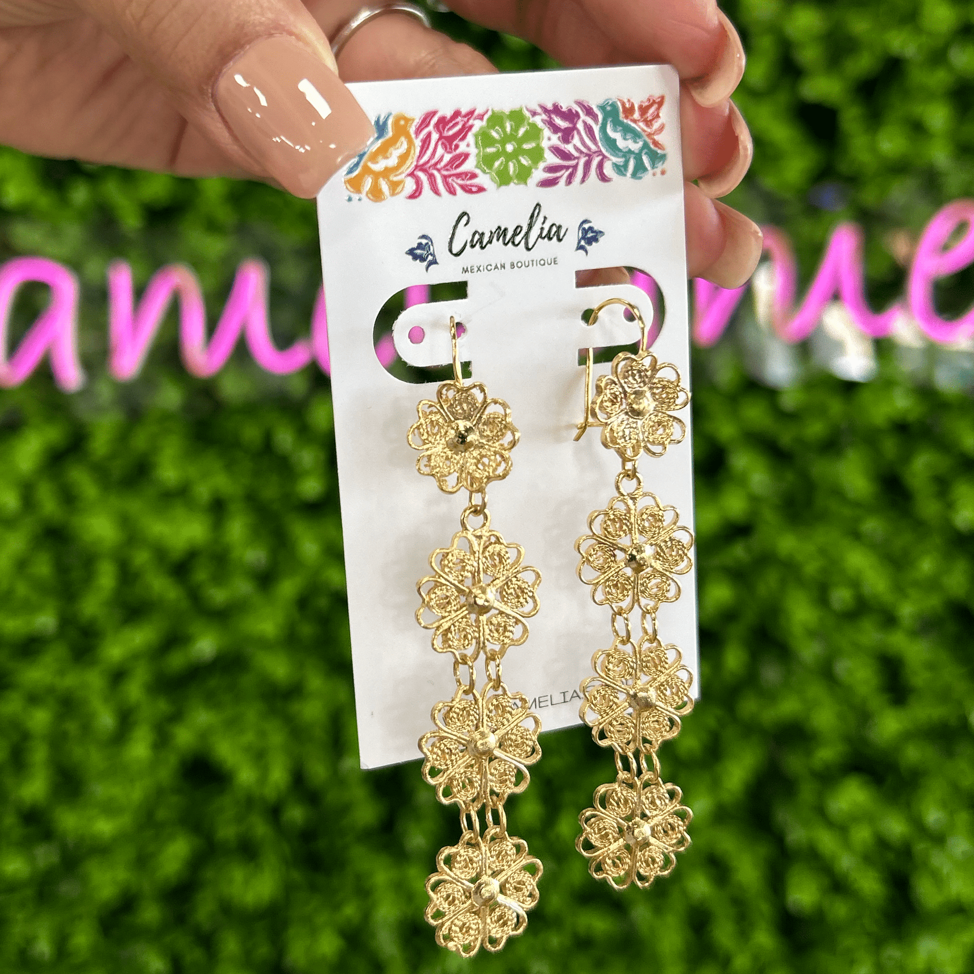 Oaxacan Filigree Earrings - 4 Flowers Drop - Large Oaxacan Filigree Earrings - 4 Flowers Drop - Large