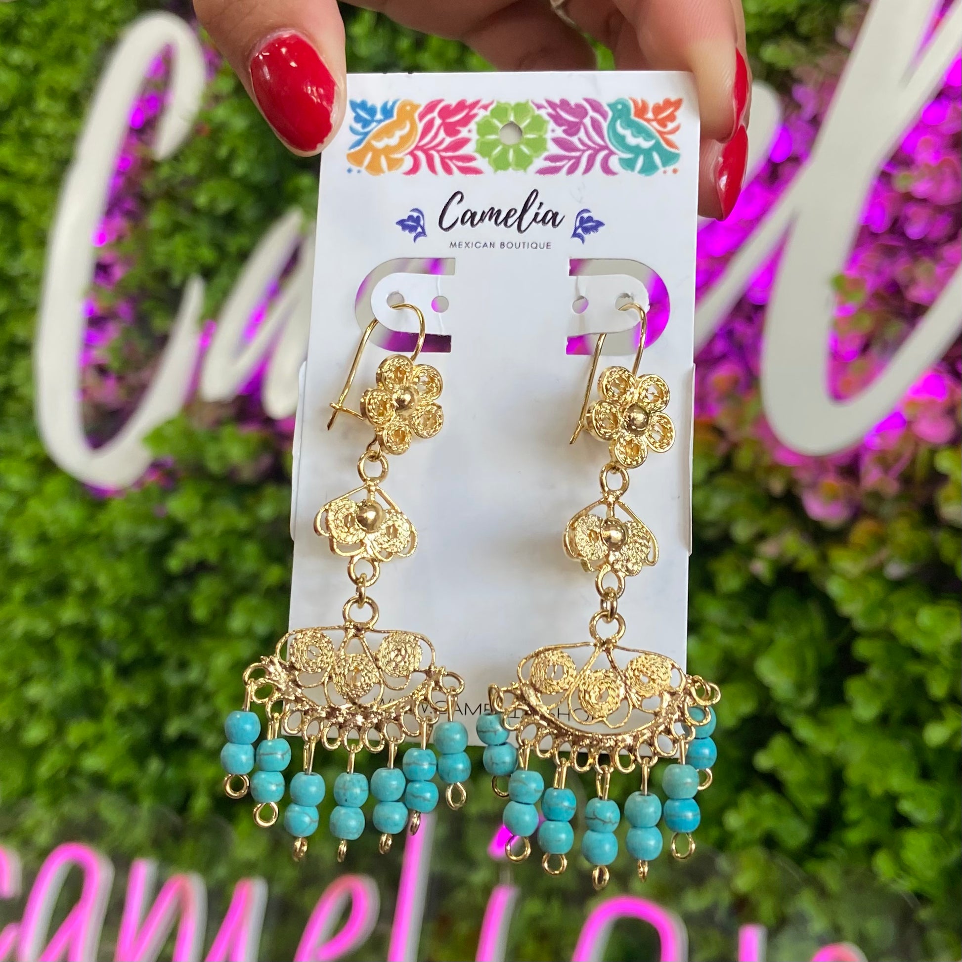 Oaxacan Filigree Earrings - Fan Turquoise Beaded - Medium - Gold Oaxacan Filigree Earrings - Fan Turquoise Beaded - Medium - Gold