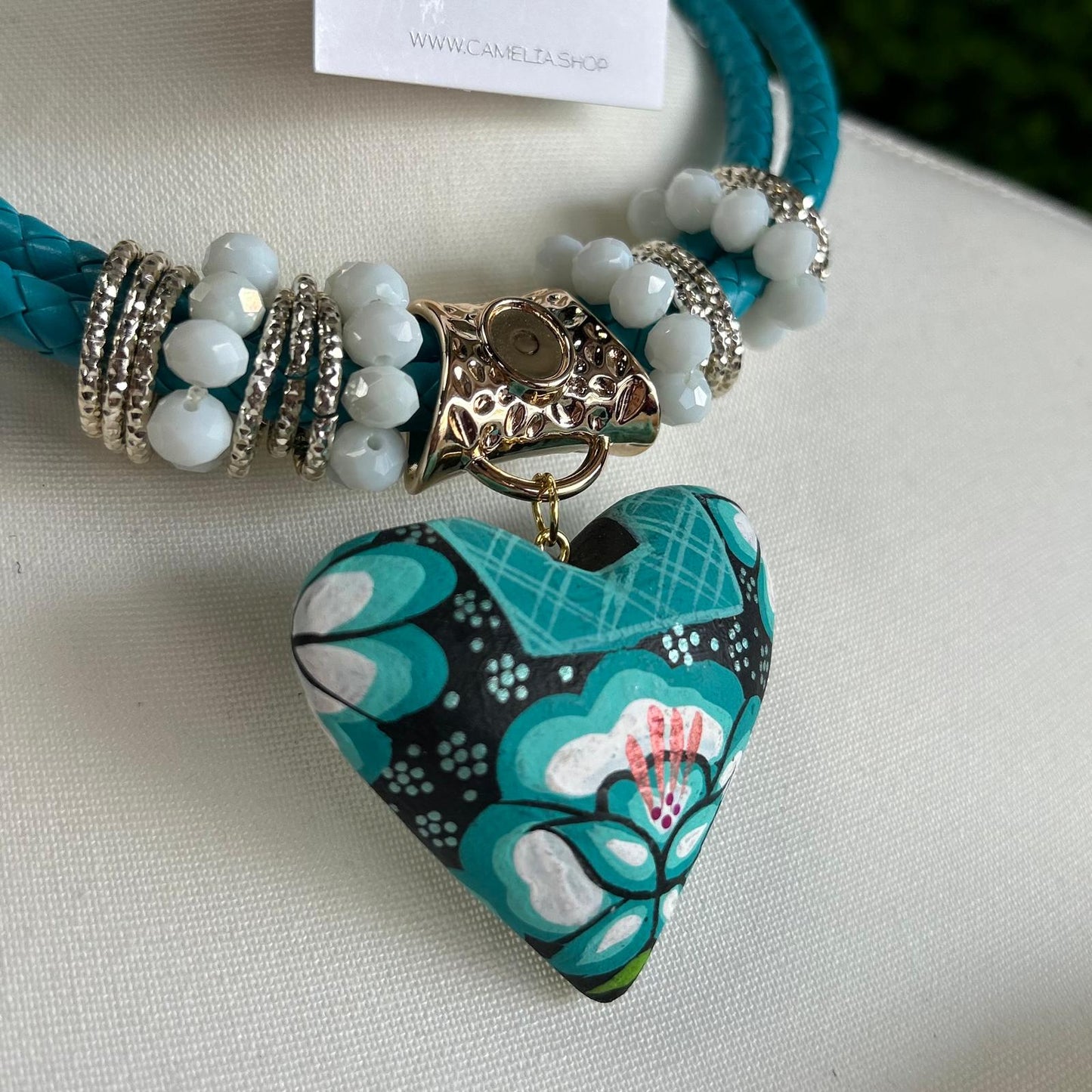 Oaxacan Heart Necklace Set - White Teal Huipil Oaxacan Heart Necklace Set - White Teal Huipil