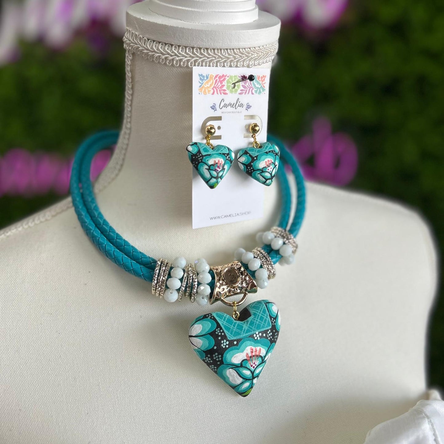 Oaxacan Heart Necklace Set - White Teal Huipil Oaxacan Heart Necklace Set - White Teal Huipil