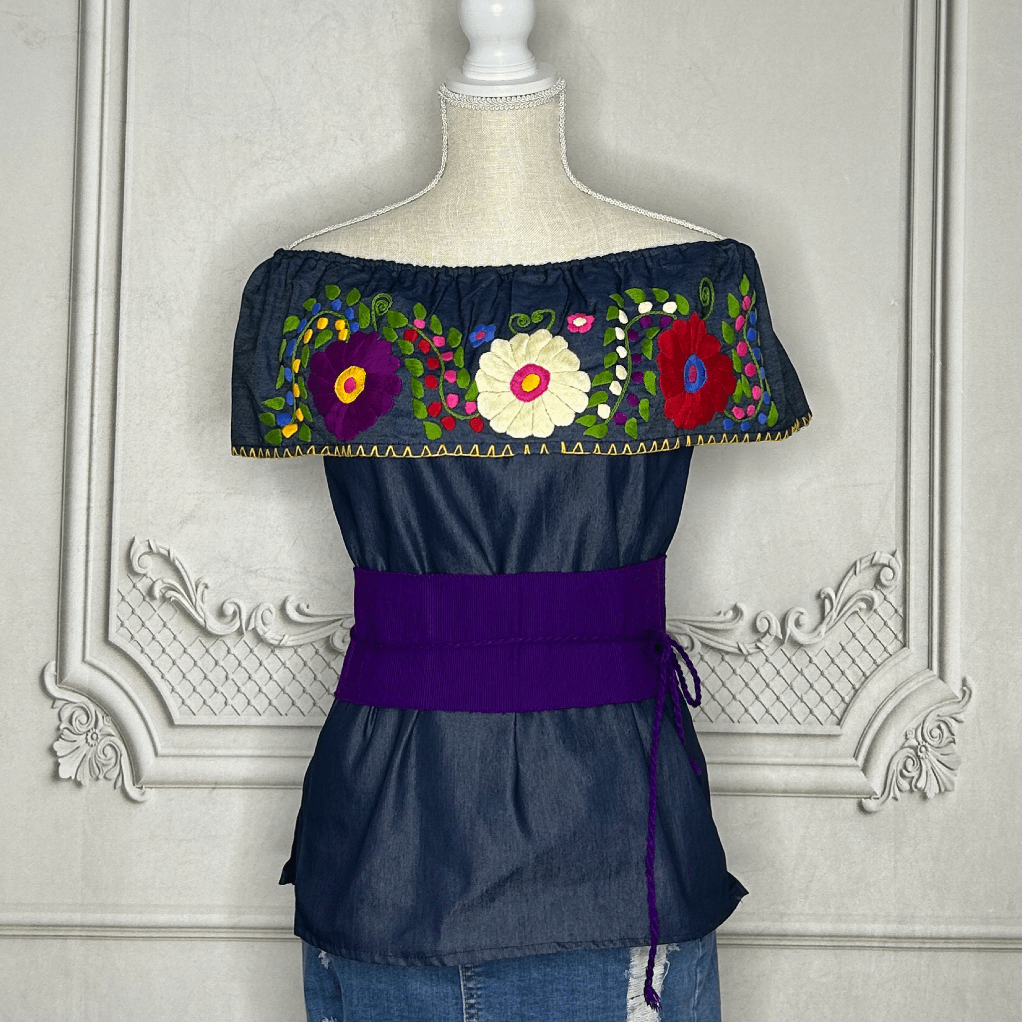 Off Shoulder Denim Mexican Blouse  - Rosie