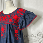 Puebla Denim Embroidered Mexican Dress - Butterfly Sleeve Puebla Denim Embroidered Mexican Dress - Butterfly Sleeve