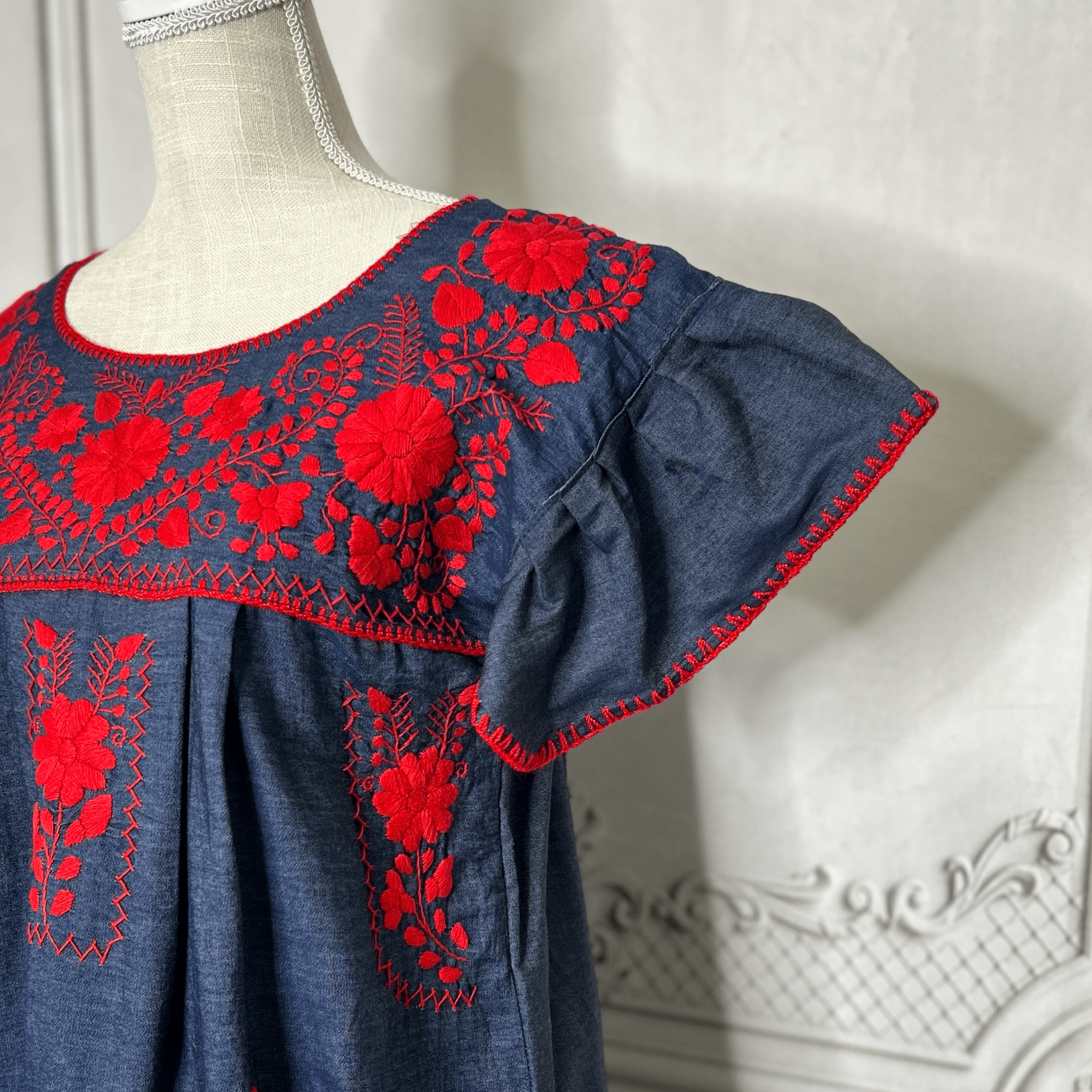 Puebla Denim Embroidered Mexican Dress - Butterfly Sleeve Puebla Denim Embroidered Mexican Dress - Butterfly Sleeve