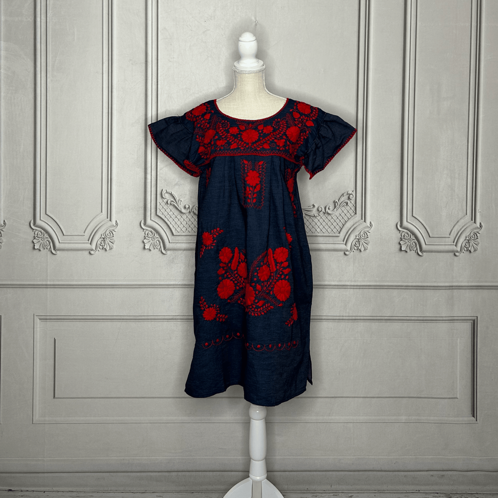 Puebla Denim Embroidered Mexican Dress - Butterfly Sleeve Puebla Denim Embroidered Mexican Dress - Butterfly Sleeve