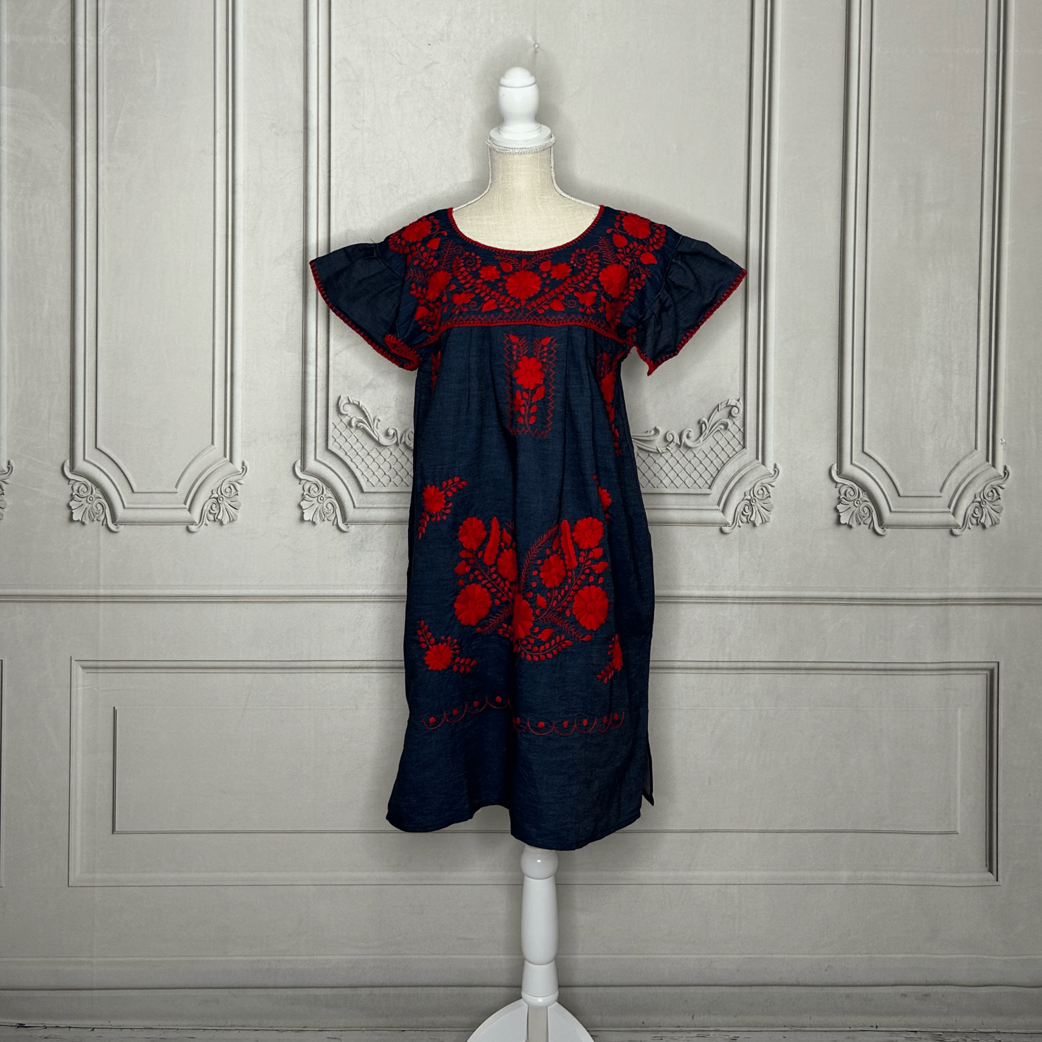 Puebla Denim Embroidered Mexican Dress - Butterfly Sleeve Puebla Denim Embroidered Mexican Dress - Butterfly Sleeve