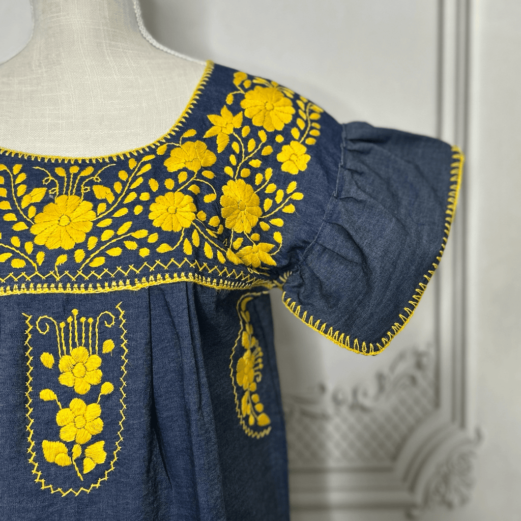 Puebla Denim Embroidered Mexican Dress - Butterfly Sleeve Puebla Denim Embroidered Mexican Dress - Butterfly Sleeve