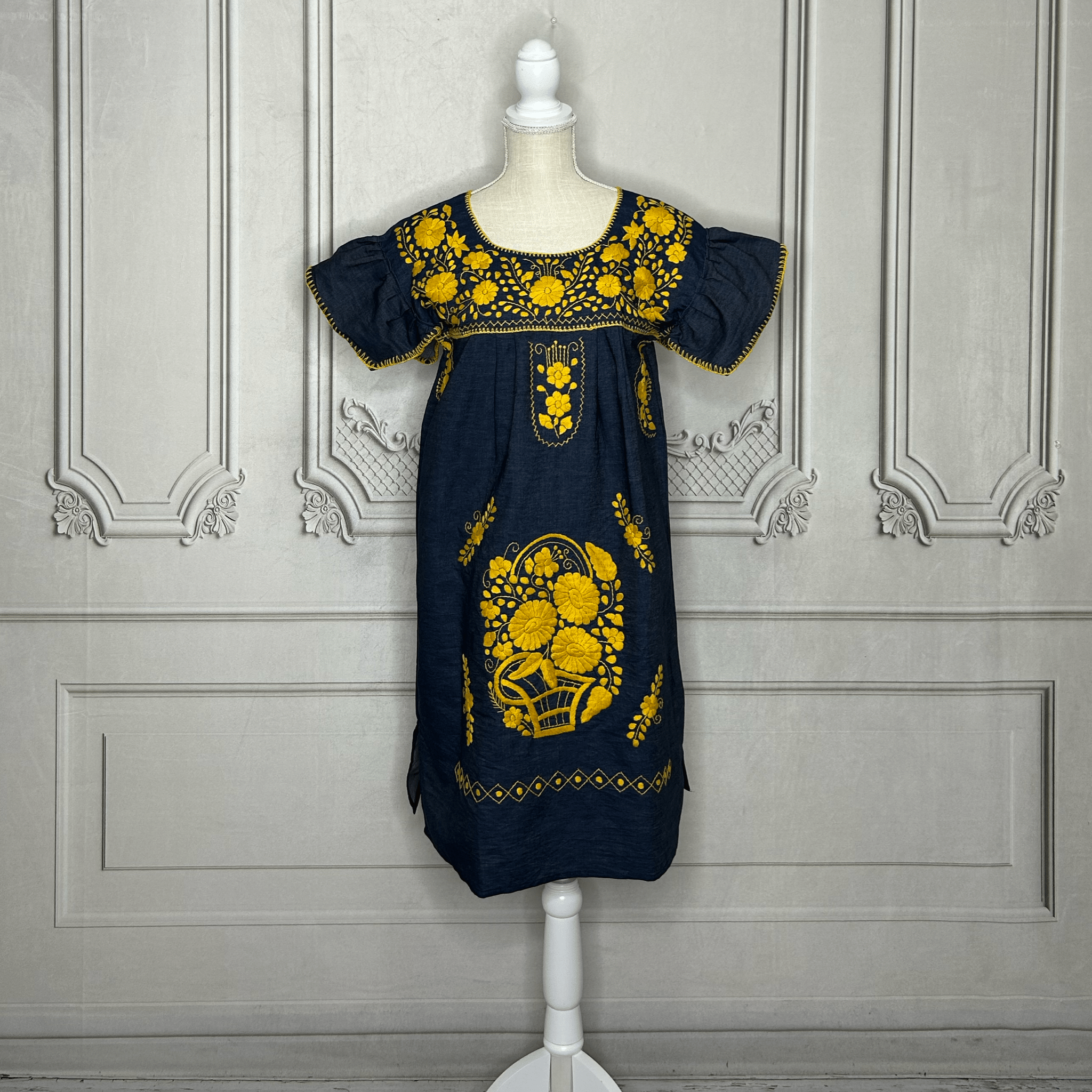 Puebla Denim Embroidered Mexican Dress - Butterfly Sleeve Puebla Denim Embroidered Mexican Dress - Butterfly Sleeve