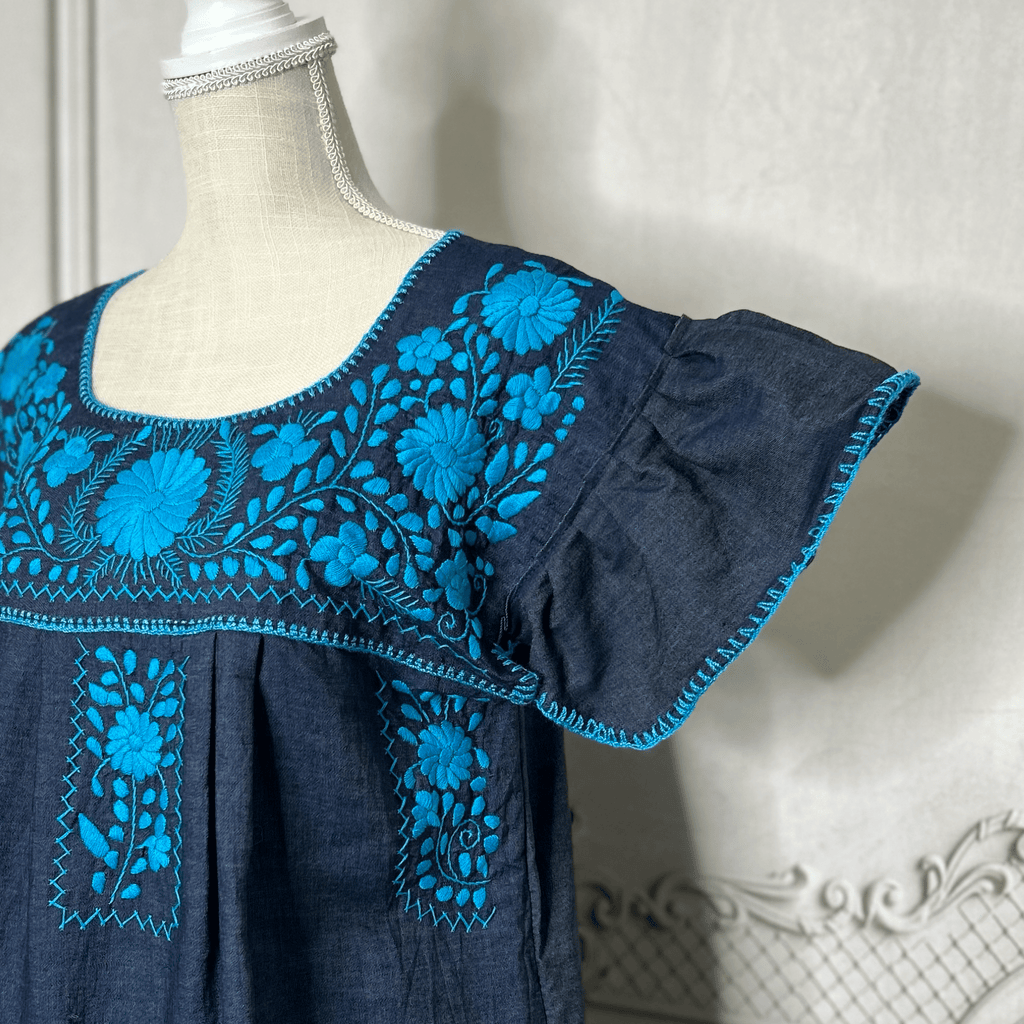 Puebla Denim Embroidered Mexican Dress - Butterfly Sleeve Puebla Denim Embroidered Mexican Dress - Butterfly Sleeve