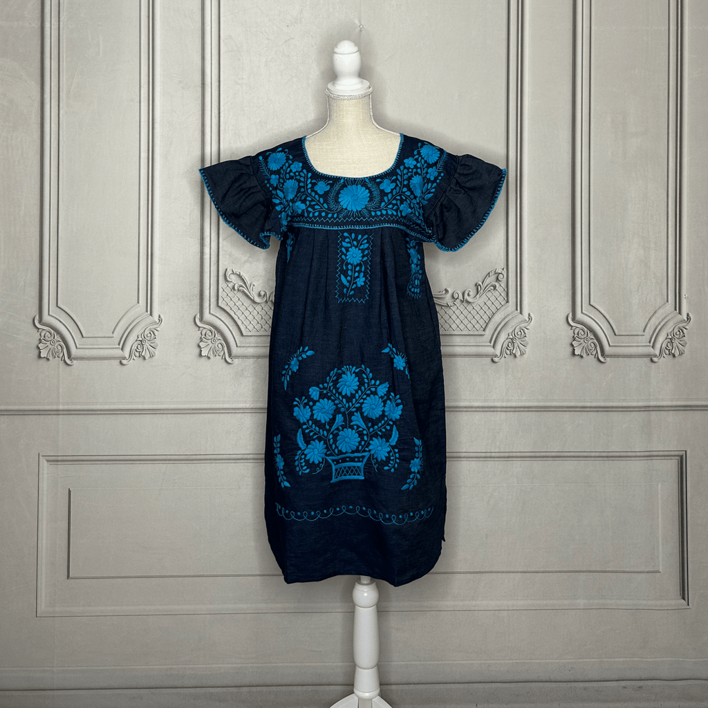Puebla Denim Embroidered Mexican Dress - Butterfly Sleeve Puebla Denim Embroidered Mexican Dress - Butterfly Sleeve