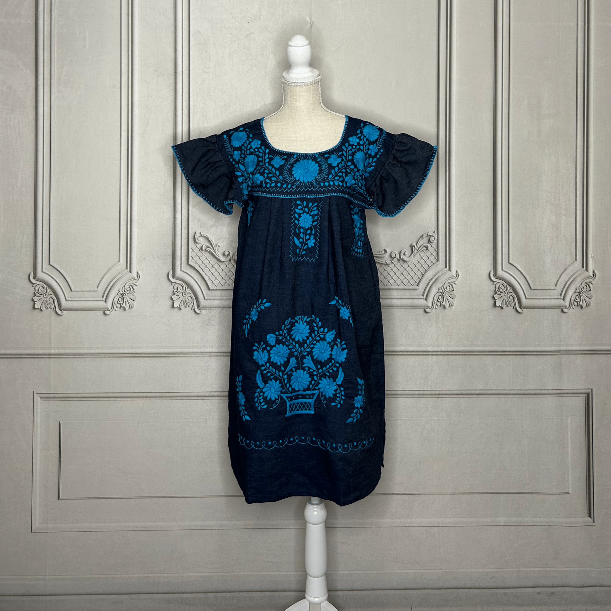 Puebla Denim Embroidered Mexican Dress - Butterfly Sleeve Puebla Denim Embroidered Mexican Dress - Butterfly Sleeve