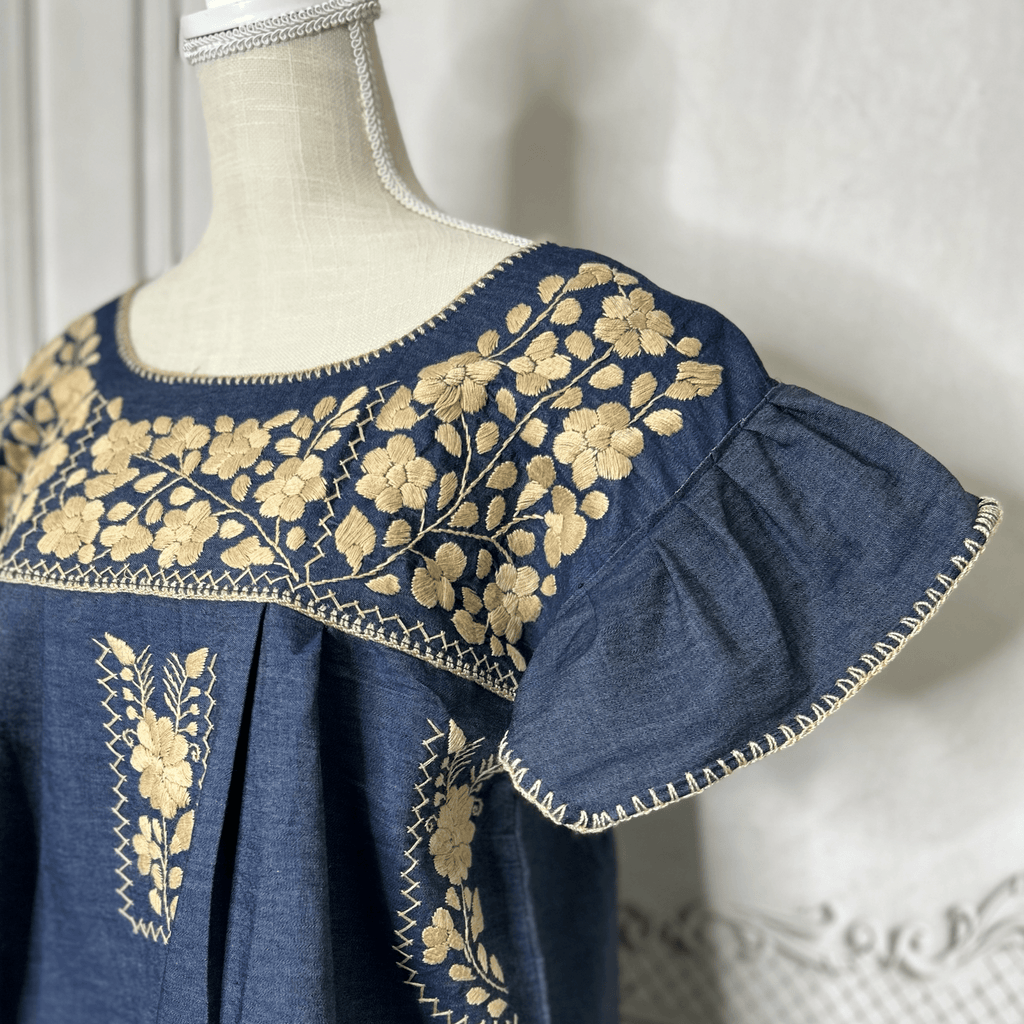 Puebla Denim Embroidered Mexican Dress - Butterfly Sleeve Puebla Denim Embroidered Mexican Dress - Butterfly Sleeve