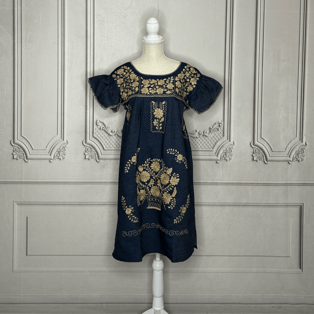 Puebla Denim Embroidered Mexican Dress - Butterfly Sleeve Puebla Denim Embroidered Mexican Dress - Butterfly Sleeve