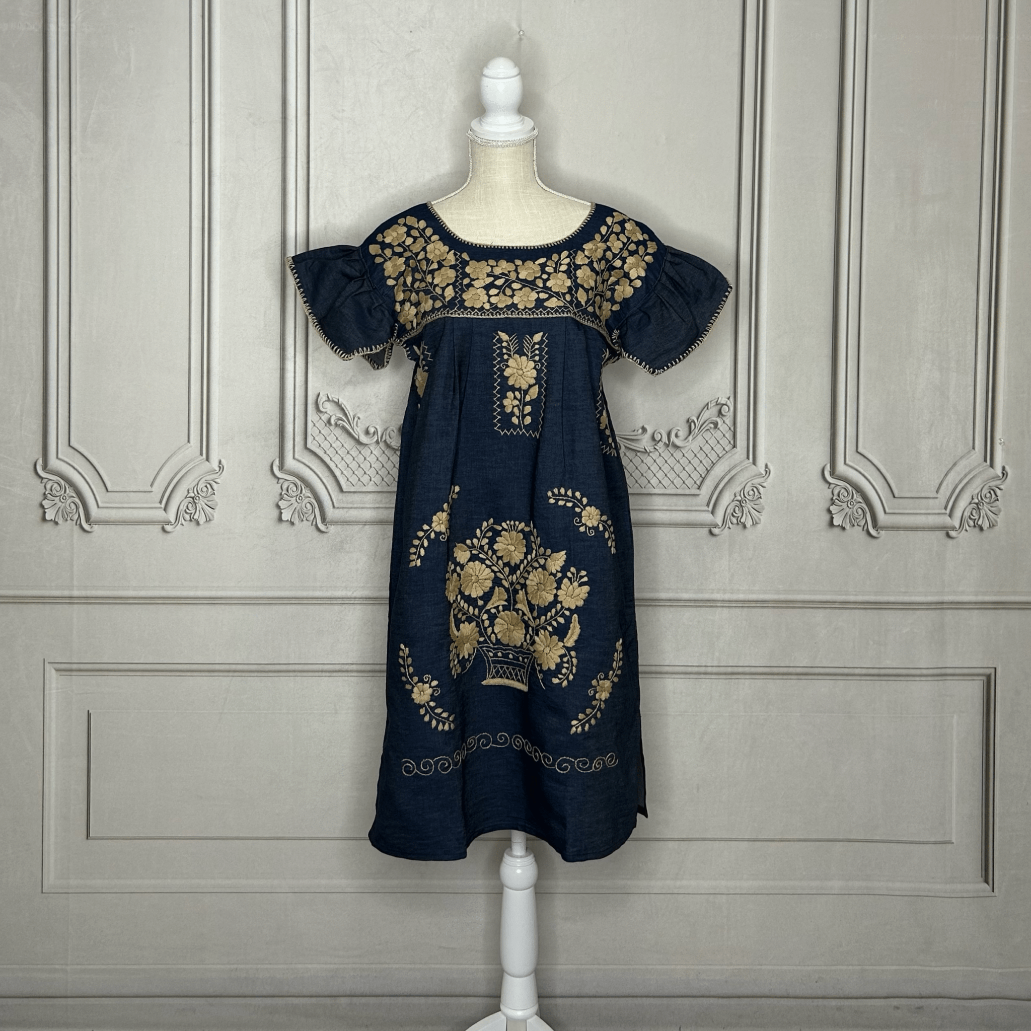 Puebla Denim Embroidered Mexican Dress - Butterfly Sleeve Puebla Denim Embroidered Mexican Dress - Butterfly Sleeve