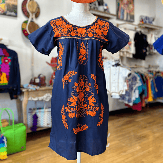 Puebla Dress for Women Knee Length - Orange Blue