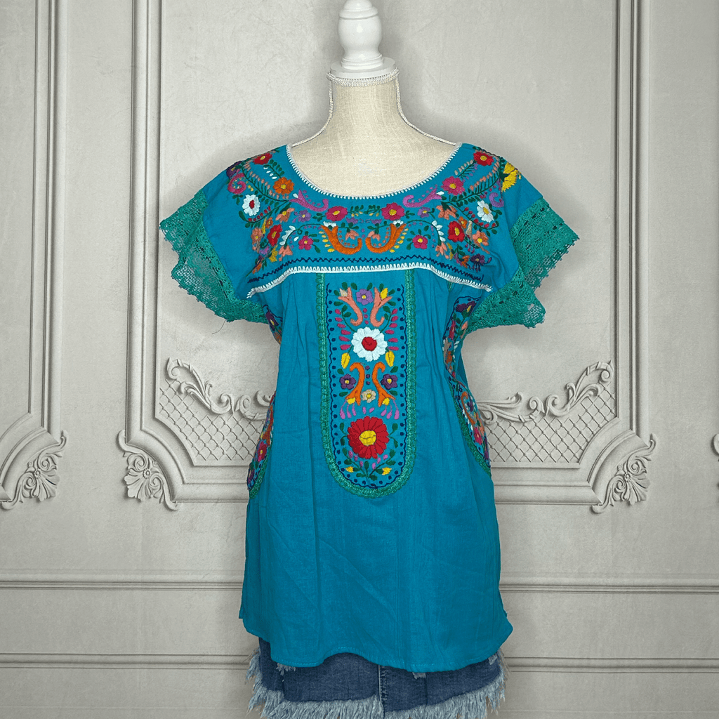 Puebla Embroidered Gauze Blouse - Laced Sleeve Puebla Embroidered Gauze Blouse - Laced Sleeve