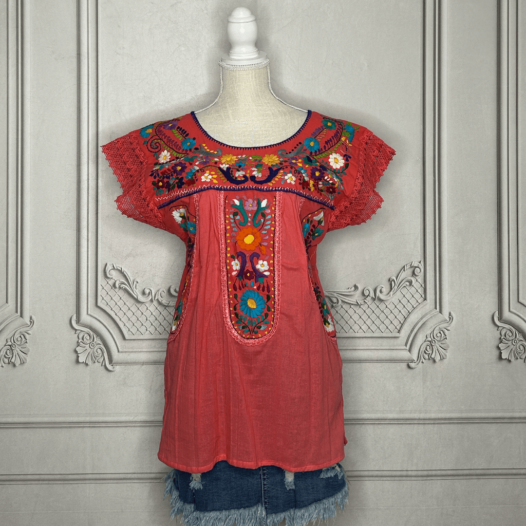 Puebla Embroidered Gauze Blouse - Laced Sleeve Puebla Embroidered Gauze Blouse - Laced Sleeve