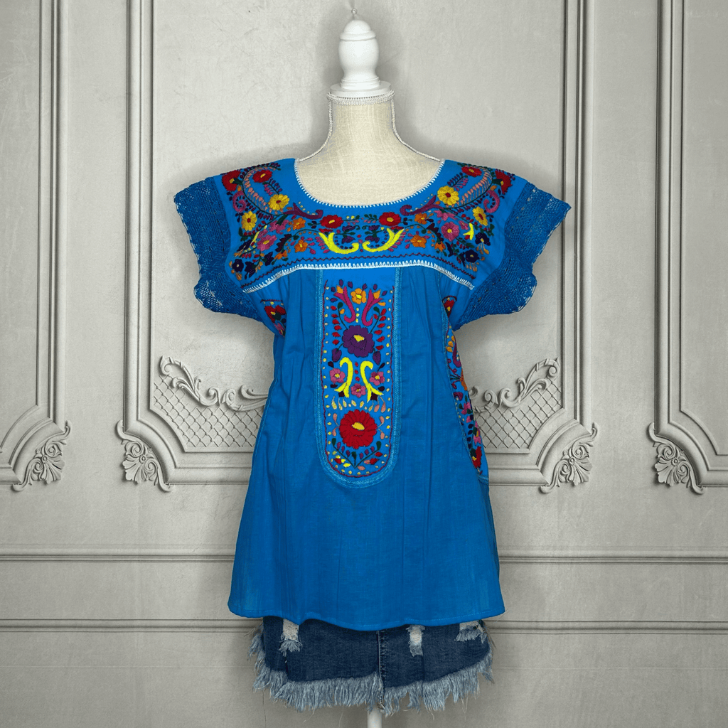Puebla Embroidered Gauze Blouse - Laced Sleeve Puebla Embroidered Gauze Blouse - Laced Sleeve