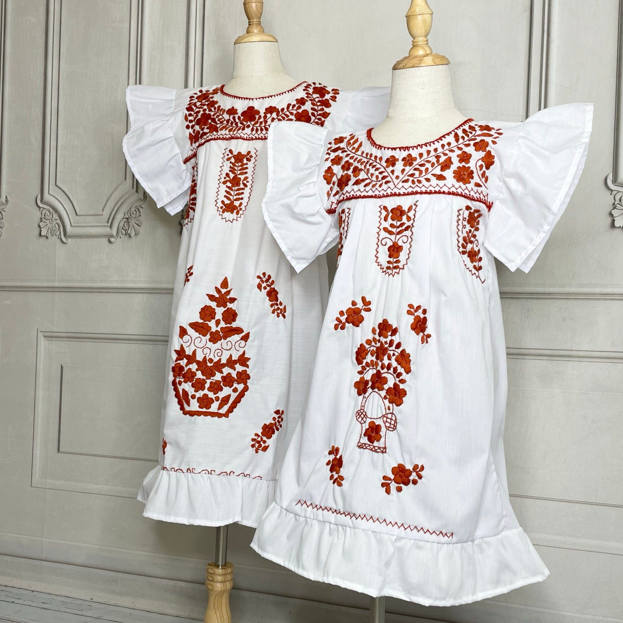 Puebla Girls Mexican Dress Butterfly Sleeve - Burnt Orange