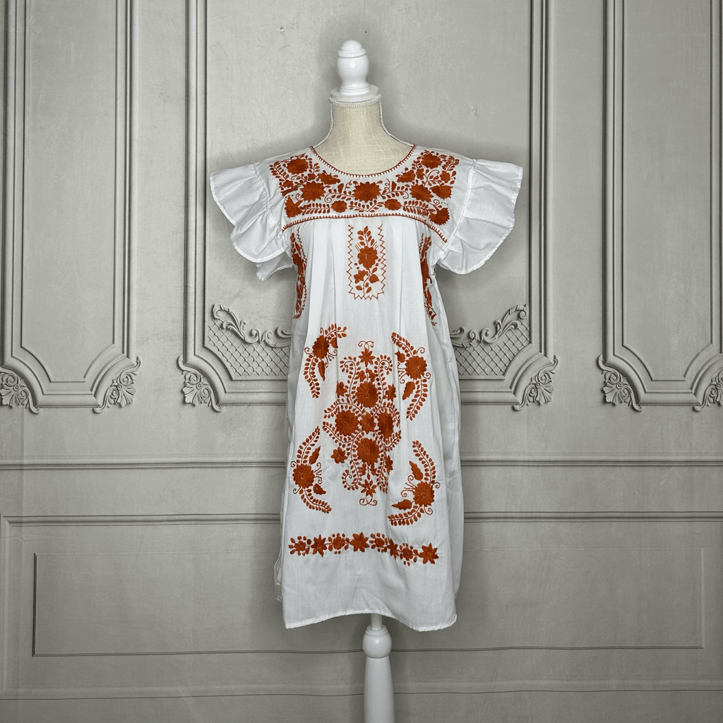 Puebla Mexican Burnt Orange Dress - Butterfly Sleeve