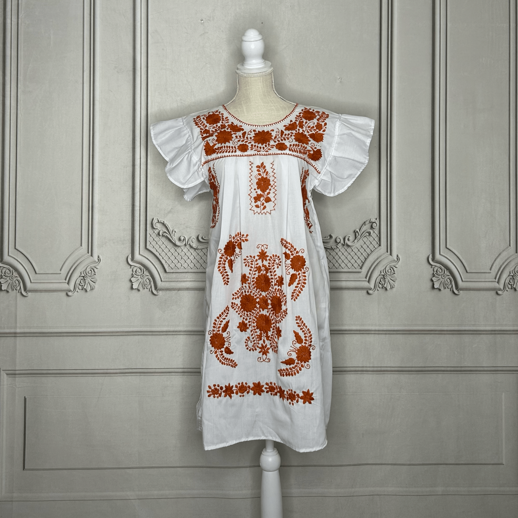 Puebla Mexican Burnt Orange Dress - Butterfly Sleeve