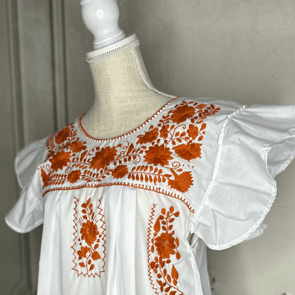 Puebla Mexican Burnt Orange Dress - Butterfly Sleeve