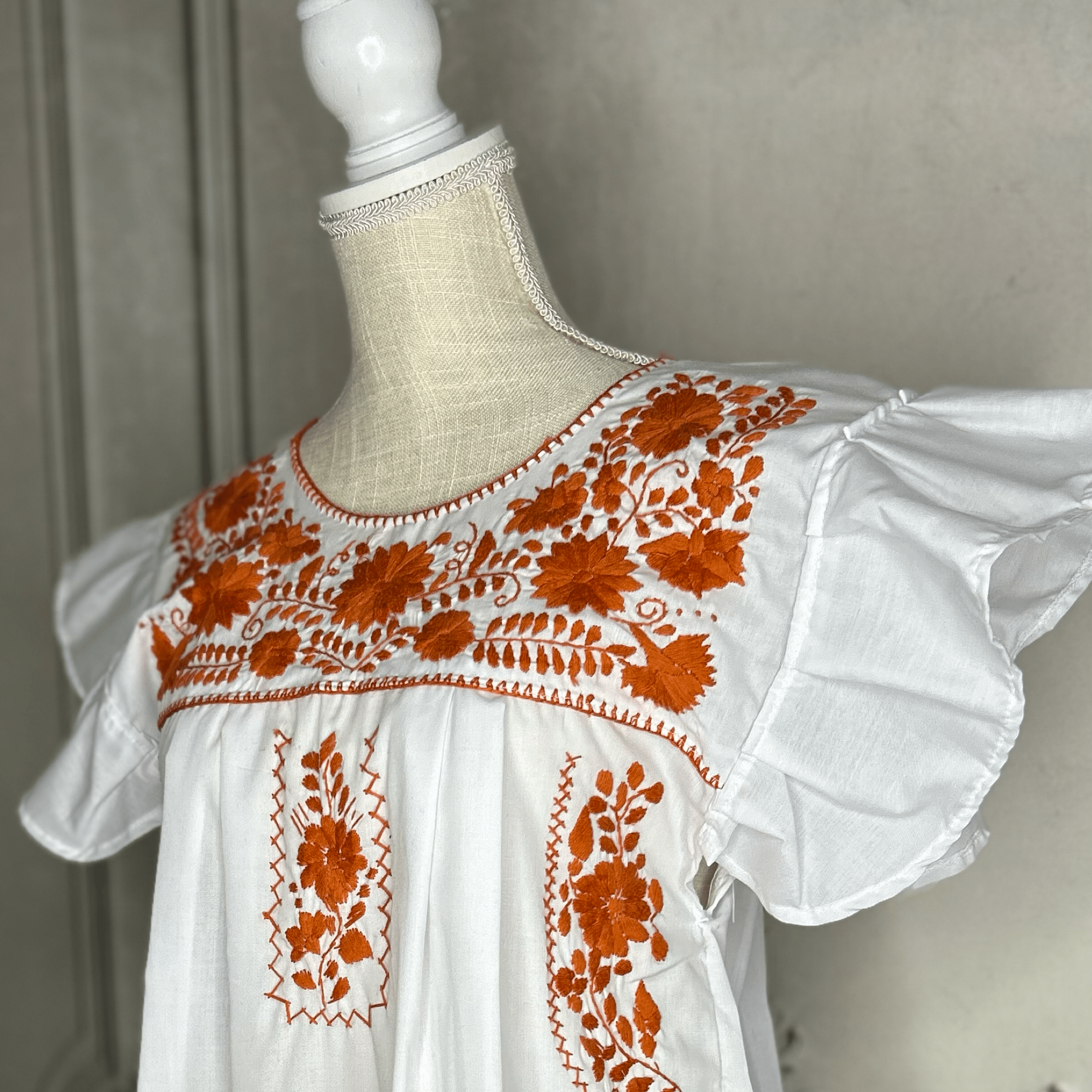 Puebla Mexican Burnt Orange Dress - Butterfly Sleeve