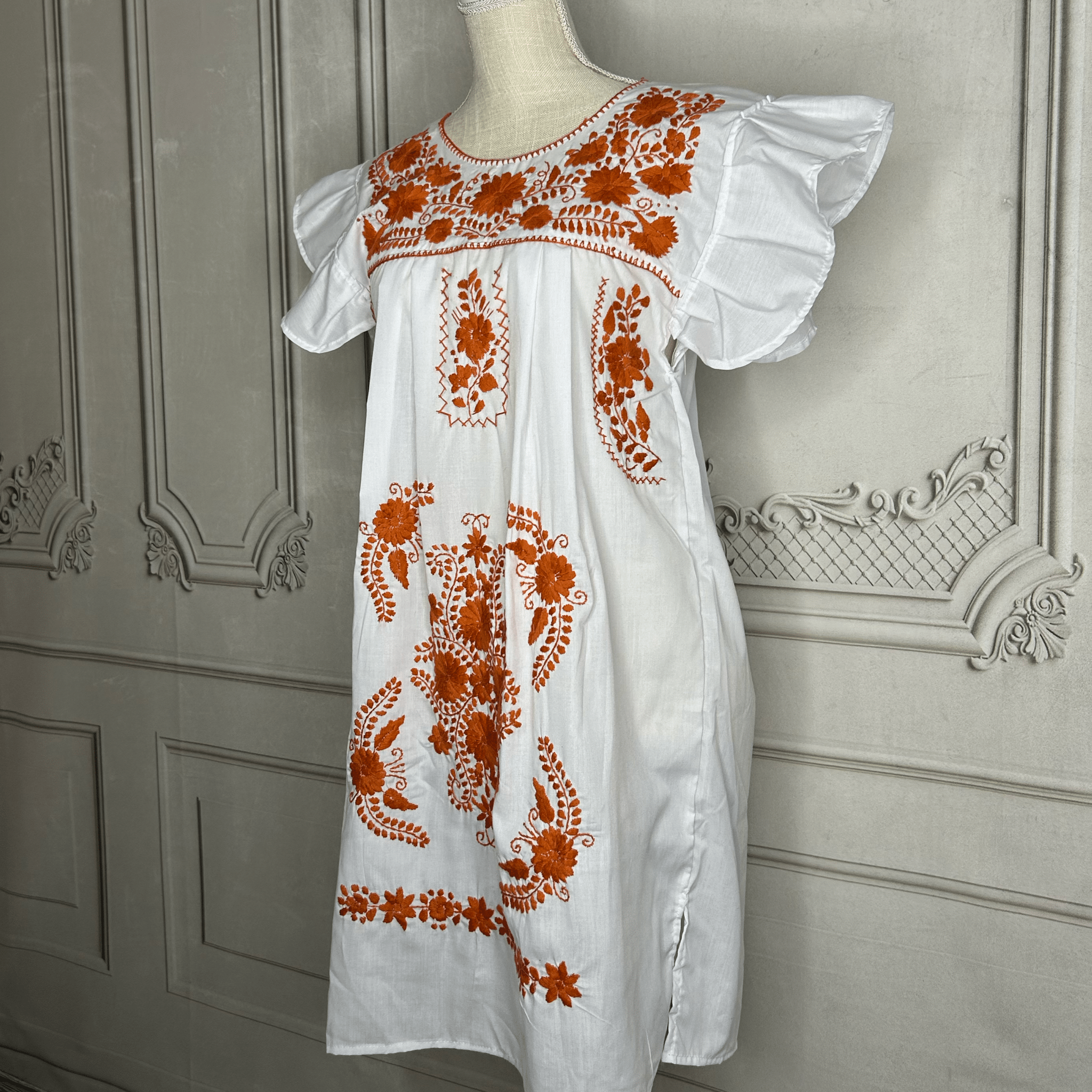 Puebla Mexican Burnt Orange Dress - Butterfly Sleeve
