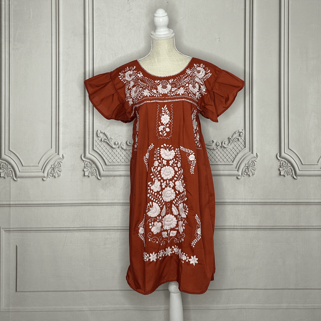 Puebla Mexican Burnt Orange Dress - Butterfly Sleeve
